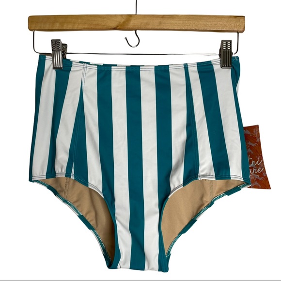 Kortni High Waisted Teal White Stripe Swim Bottom - Picture 5 of 5